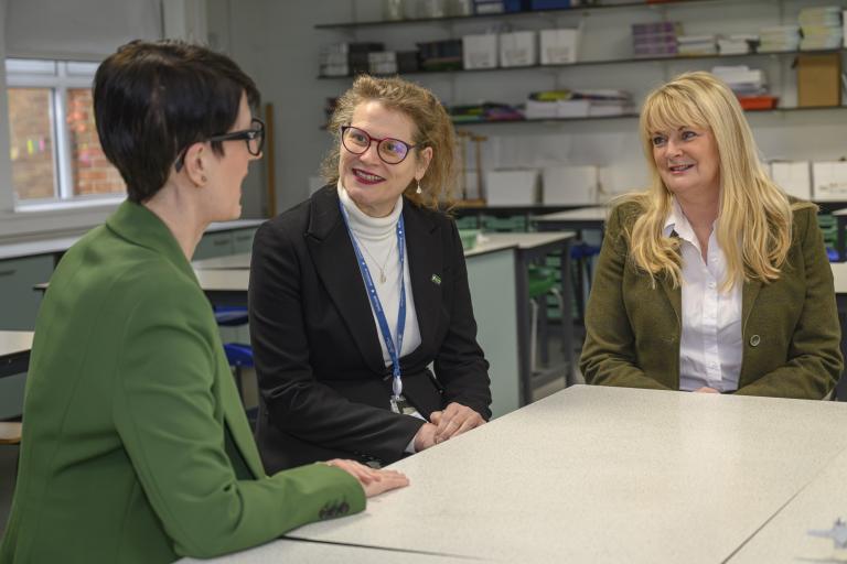 Emma Lambden, El Mayhew and Councillor Annabel Wilkinson discuss low education funding.. 