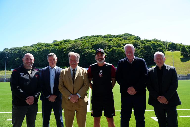 Representatives from North Yorkshire Council, Scarborough Athletic and Scarborough Ladies football clubs, and contractor Willmott Dixon. From left, vice-chairman  of Scarborough Ladies FC, Will Watts; commercial manager at Willmott Dixon, Eddie Pearson; North Yorkshire Council’s executive member for leisure, Cllr Simon Myers; first-team manager at Scarborough Athletic FC, Jono Greening; chairman of Scarborough Athletic FC, Trevor Bull; and head of development at Active North Yorkshire, Matt Hewison.