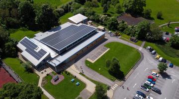 Aerial view of Craven Leisure showing the solar panels that are now switched on to improve energy efficiency and reduce carbon emissions.
