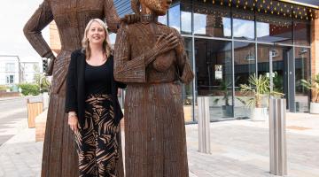 great-granddaughter, Louise Dudman, with the Sophia sculpture