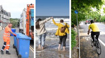 Bin collectors, people in the sea and person in a bike