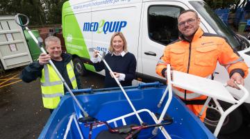 Daren Richardson from Medequip, Jenny Lowes, service improvement manager at North Yorkshire Council, and Steve Midgley from Yorwaste, recycling unwanted medical equipment at Northallerton HWRC. 