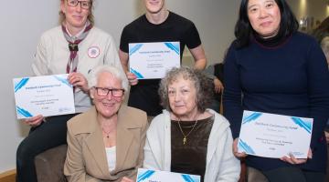 Cllr Pat Marsh, seated bottom left, with some of the Starbeck grants recipients, clockwise, from top, Sharon Bryant, assistant leader of the 23rd Harrogate Scout Group’s Cubs section, Frederick Button, one of the individuals to receive a grant, Kennie Cheung, of Wellspring Therapy and Training, and Chrissie Holmes, of Starbeck Christmas Lights Appeal.