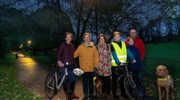 (From left to right) Katie Birks, Elaine Hiser, Fiona Protheroe, Will Hiser-Dobson, Isla Hiser Dobson and Richard Dobson in Skipton’s Aireville Park, where new lighting has been introduced. 