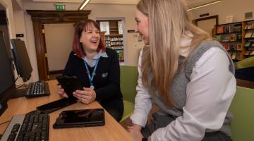 North Yorkshire Council’s library supervisor at Harrogate Library, Catherine Skyvington, and Vp plc’s group risk and sustainability officer, Ellie Rose, at Harrogate Library.