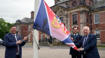 Left to right, Armed Forces champion, Cllr Kevin Foster, vice-chair, Cllr George Jabbour, and council, Cllr Carl Les, at the flag-raising event at County Hall in Northallerton to mark the 80th anniversary of VE Day. 