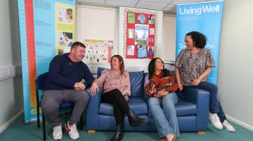 (From left) Gary Bellwood, Melanie Bellwood, Jade Church and Rachel Church. All sat on a blue sofa.