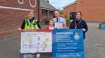 From left, Police Community Support Officer at North Yorkshire Police, Natalie Blacker, Filey Junior School pupil Freya Hammerton, who is the winner of the banner competition, headteacher Michael Taylor, and community safety officer at North Yorkshire Council, Karen Nattress.