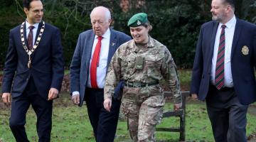 Left to right, the chairman of North Yorkshire Council, Cllr George Jabbour, the leader of North Yorkshire Council, Cllr Carl Les, Cpl Lauren MacLintock of the British Army Intelligence Corps and North Yorkshire Council’s Armed Forces champion, Cllr Kevin Foster, in the grounds of County Hall, Northallerton.