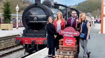 From left to right, the deputy England director of VisitEngland, Lyndsay Turner-Swift, North Yorkshire Council’s assistant director for place shaping and growth, Kathryn Daly, the council’s head of economy and tourism, Tony Watson, and the chair of VisitEngland’s advisory board, Lady Victoria Borwick, at Bolton Abbey Station.