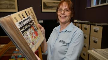 Library assistant and history enthusiast, Sue Nesfield, putting together the summer show exhibition at Scarborough Library. 