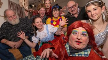 Cllr Arnold Warneken (left) and Cllr Andy Paraskos (right) with Tockwith Players in their Wizard of Wilstrop pantomime costumes and wearing their new headset mics, (from left) Sandra Adlington, Geoff Farnworth, Karen Coombes, Sue Corbett, David Hardman and Ellie Triffitt.