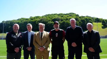 Representatives from North Yorkshire Council, Scarborough Athletic and Scarborough Ladies football clubs, and contractor Willmott Dixon. From left, vice-chairman  of Scarborough Ladies FC, Will Watts; commercial manager at Willmott Dixon, Eddie Pearson; North Yorkshire Council’s executive member for leisure, Cllr Simon Myers; first-team manager at Scarborough Athletic FC, Jono Greening; chairman of Scarborough Athletic FC, Trevor Bull; and head of development at Active North Yorkshire, Matt Hewison.