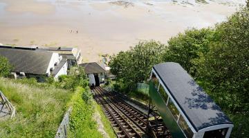 An view of Scarborough Spa Cliff Lift with the beach in the background.