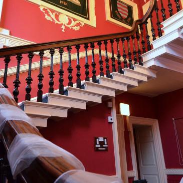 Staircase wrapped in ribbon for wedding party