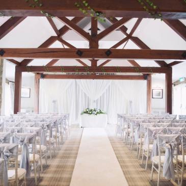 Chairs in rows on each side of an aisle facing a wedding ceremony.