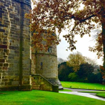 Manicured lawns at the entrance to Skipton Castle.