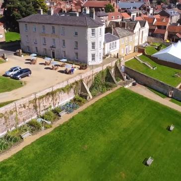 Birds eye view of Talbot hotel and beautiful gardens.