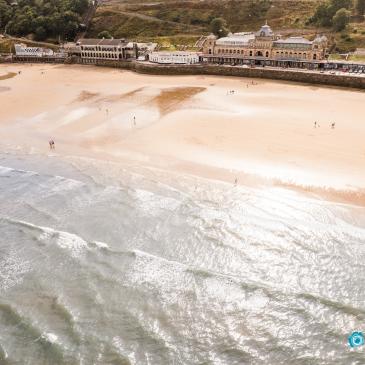 Drone shot of Scarborough spa and beach.