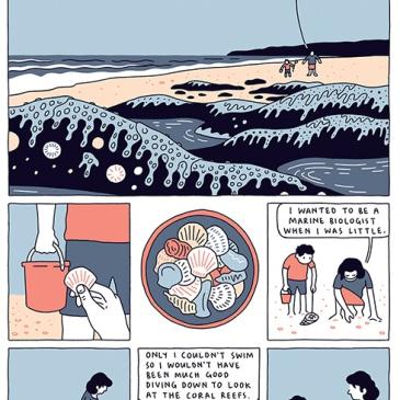 Comic drawings of collecting shells on the beach