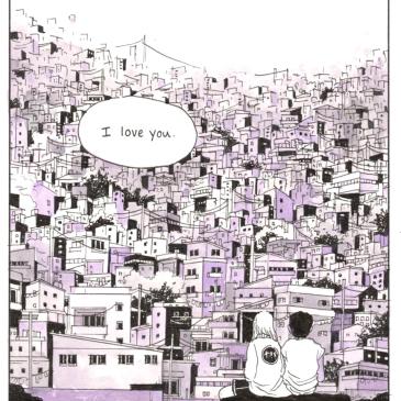 Two people sat on the rocks by the sea looking towards a town saying I love you