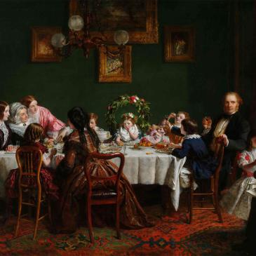 Painting of a large family sat around a table eating cake