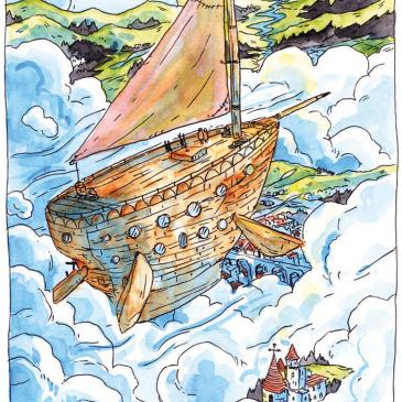 Comic drawing of a ship flying in the sky