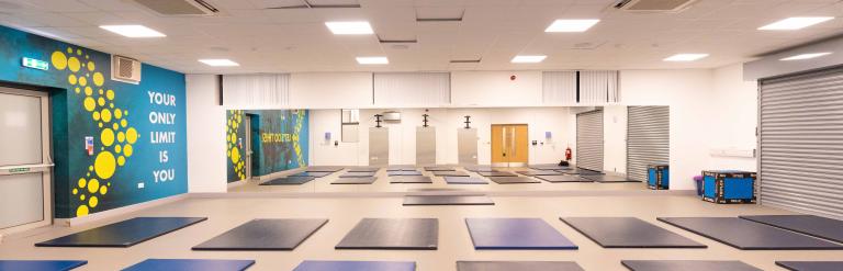 The exercise class room at Stokesley Leisure and Wellbeing Hub with yoga matts laid out
