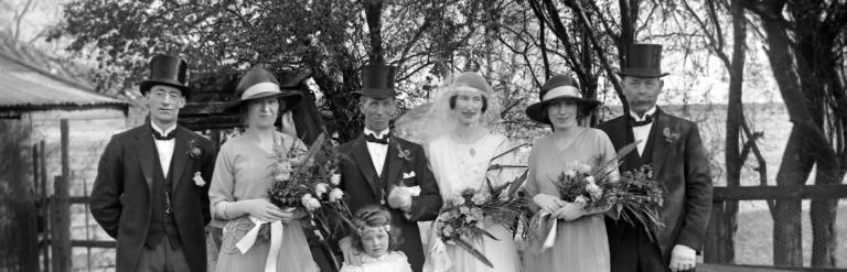 Black and white photo of a Wedding party, Lower Dunsforth, 1920s. From the Louisa Kruckenberg photographic collection.
