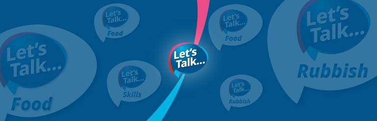 The Let's Talk logo on a blue background, other logos showing specific Let's Talk topics can be seen in the background