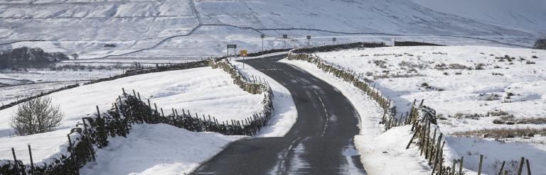 Country road in North Yorkshire on a snowy day